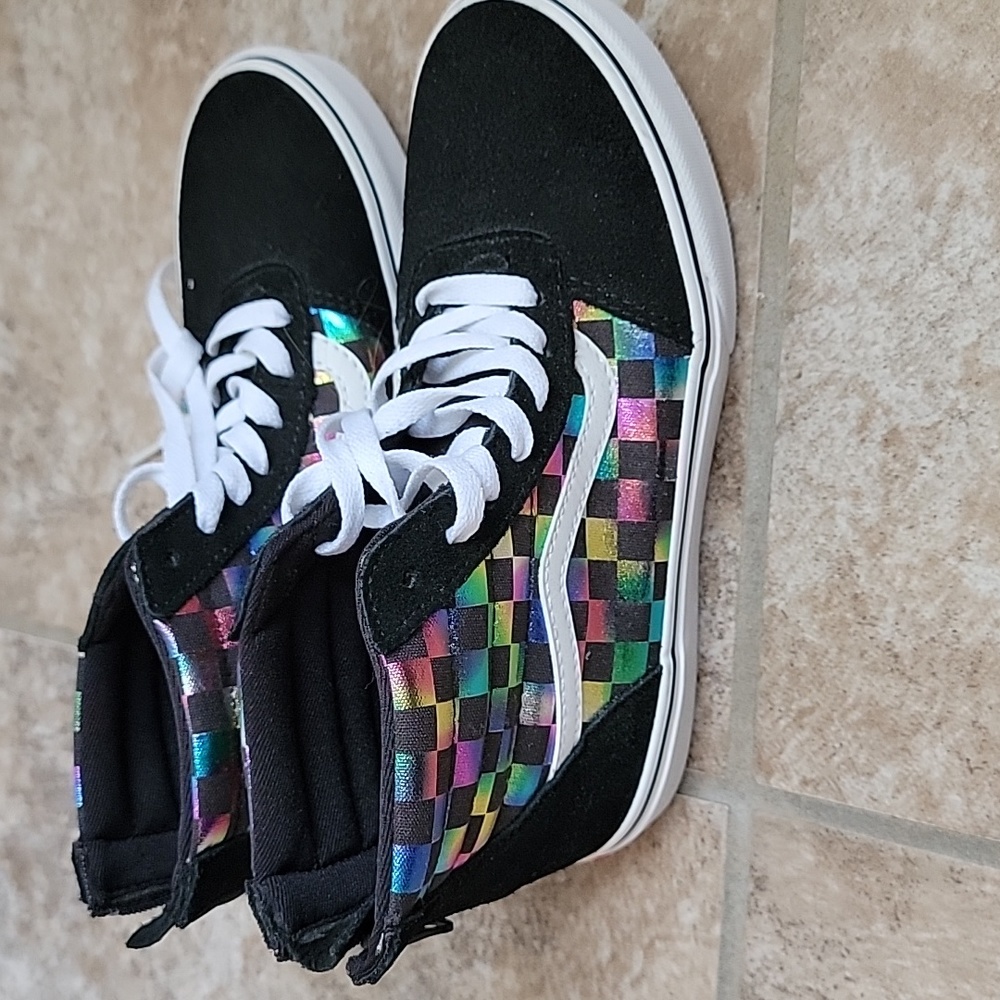 Vans high tops with rainbow checkered sides